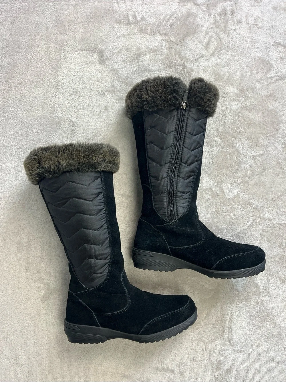 Lands' End Sophia Tall Winter Snow Boots Black Suede Faux Fur Size 8.5